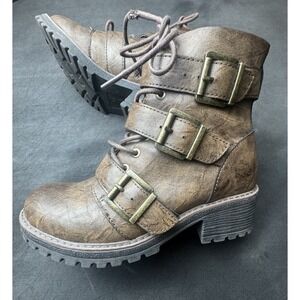 b.o.c. Born Concept Brown Faux Leather Moto Combat Boots Triple Buckle 6M